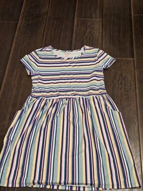 Cat & Jack Blue Pink Yellow Striped Short Sleeve Dress Girls Size large 10-12